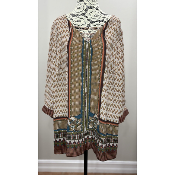 Rose & Olive Popover Blouse Top 1X V Neck Sheer Aztec Brown Teal Bohemian - Picture 1 of 14